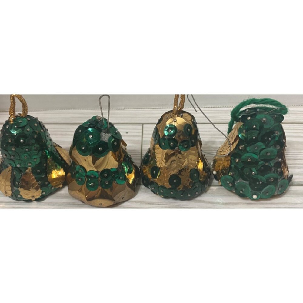 Vintage Handmade Sequined Bell Ornaments Set Of 4 Gold & Green Christmas - Picture 2 of 6